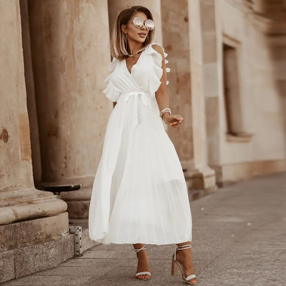 Elegante abito lungo senza maniche con volant per donna – Abito estivo plissettato con scollo a V