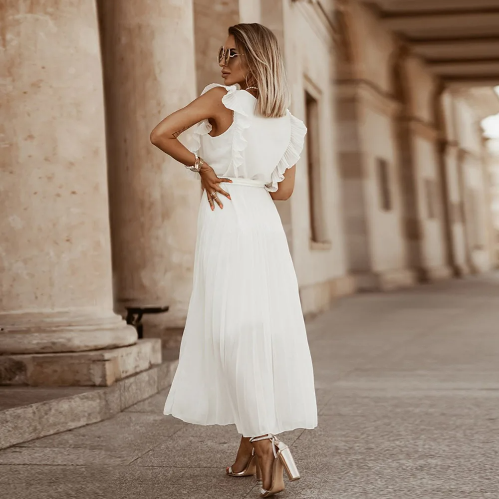 Elegante abito lungo senza maniche con volant per donna – Abito estivo plissettato con scollo a V