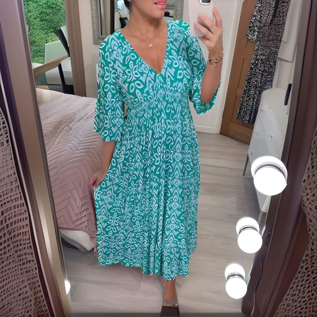 Abito boho ampio da donna – Scollo a V, stampa grafica, lunghezza alla caviglia
