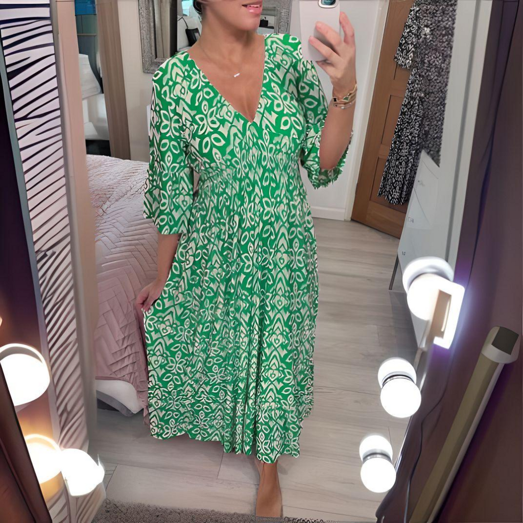 Abito boho ampio da donna – Scollo a V, stampa grafica, lunghezza alla caviglia