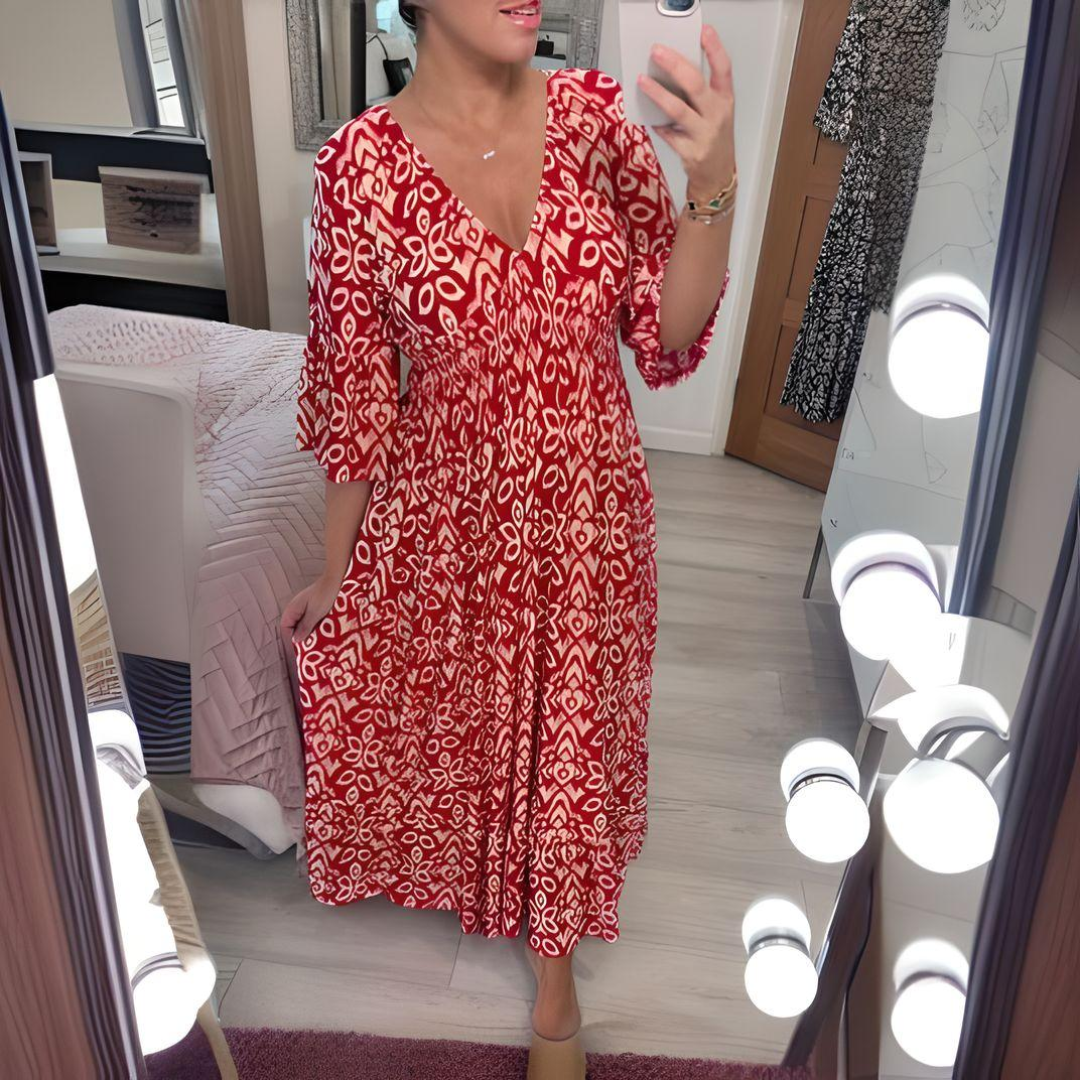 Abito boho ampio da donna – Scollo a V, stampa grafica, lunghezza alla caviglia