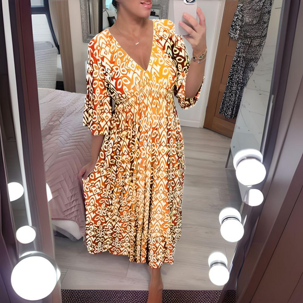 Abito boho ampio da donna – Scollo a V, stampa grafica, lunghezza alla caviglia
