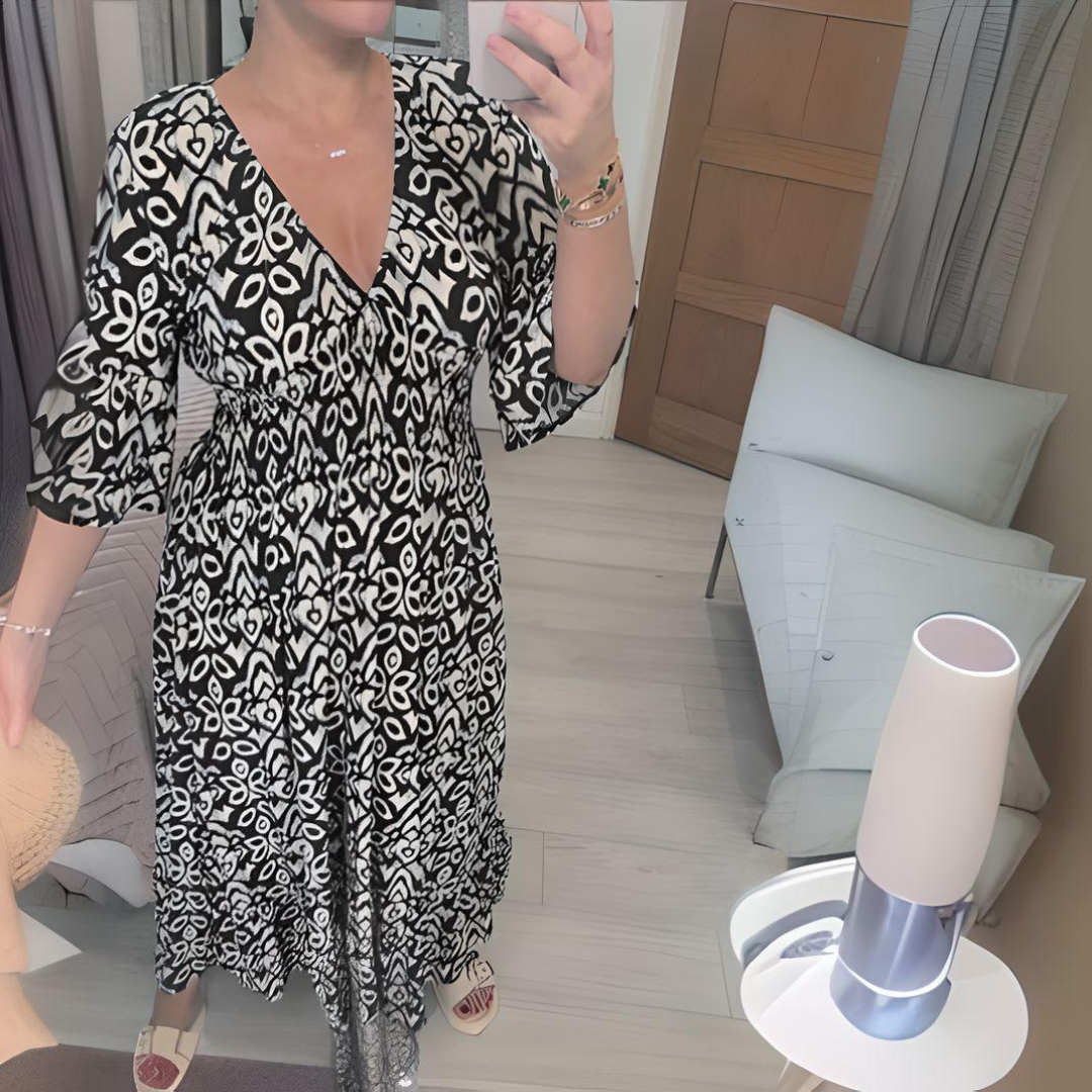 Abito boho ampio da donna – Scollo a V, stampa grafica, lunghezza alla caviglia