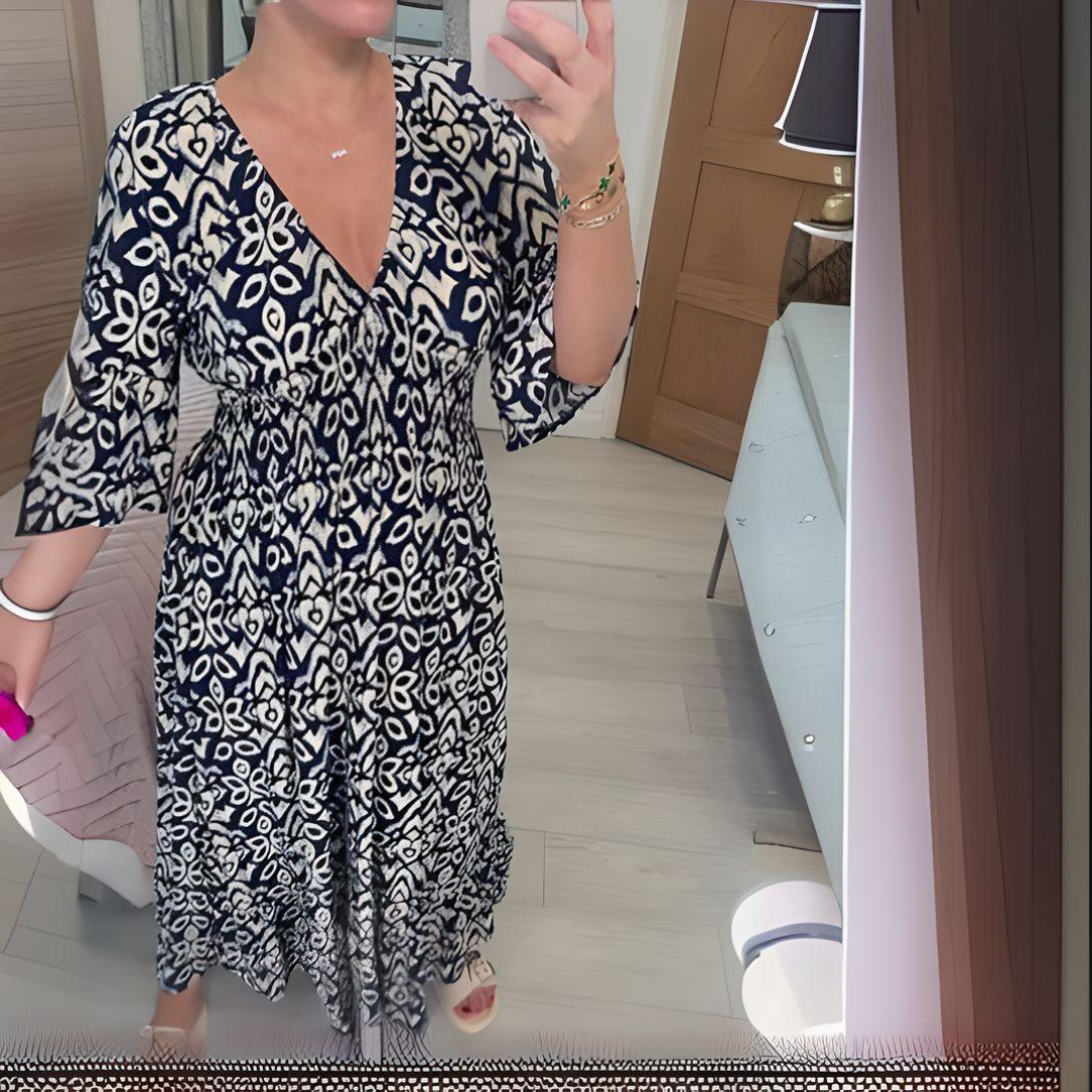 Abito boho ampio da donna – Scollo a V, stampa grafica, lunghezza alla caviglia