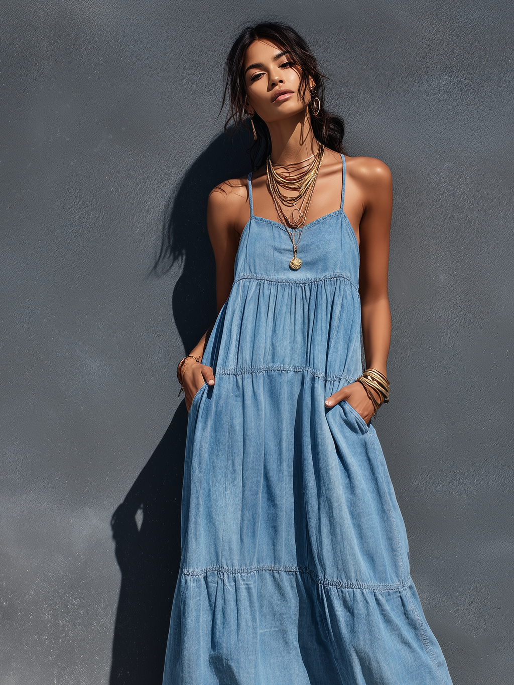 Abito maxi in denim con spalline da donna - Casual e di tendenza