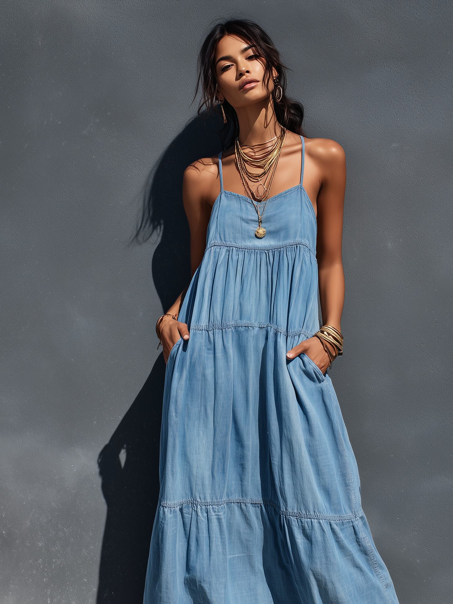Abito maxi in denim con spalline da donna - Casual e di tendenza
