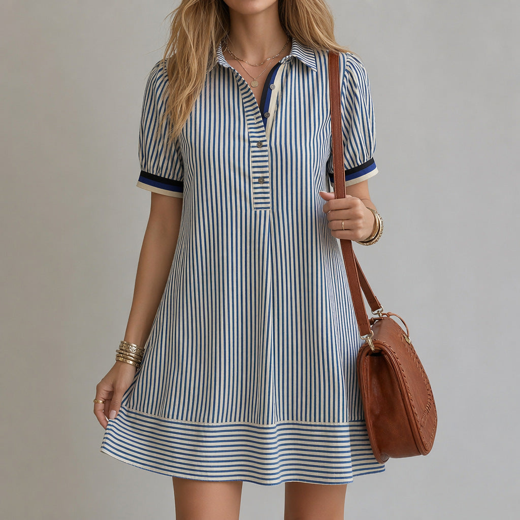 Abito chemisier donna a righe con colletto alto e maniche a sbuffo