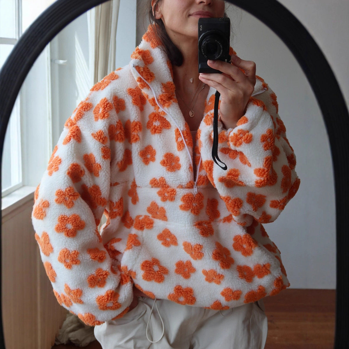 Felpa in pile da donna – Pullover casual con cerniera e tasca