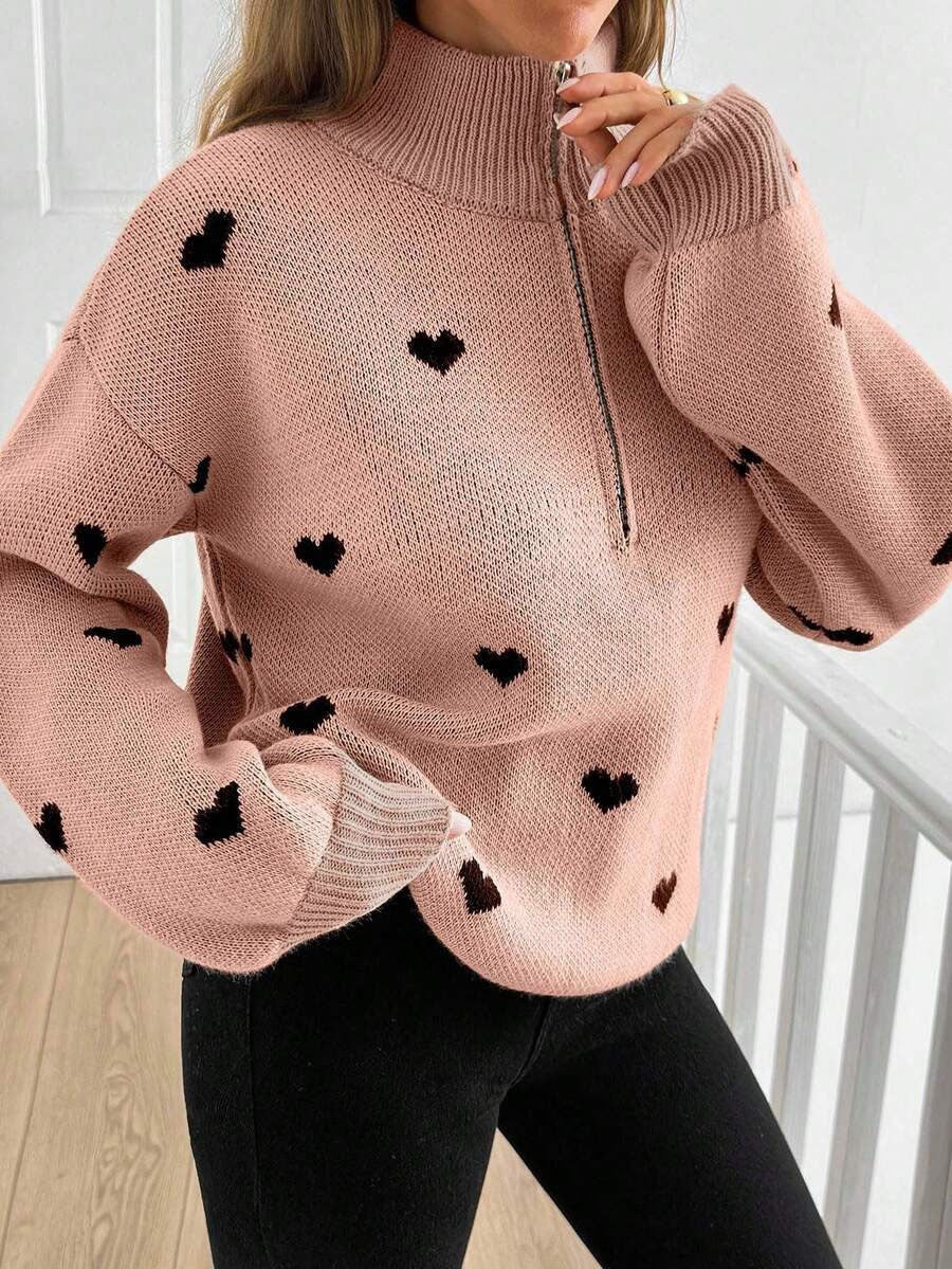 Maglione donna con zip e motivo cuore - Morbido e caldo