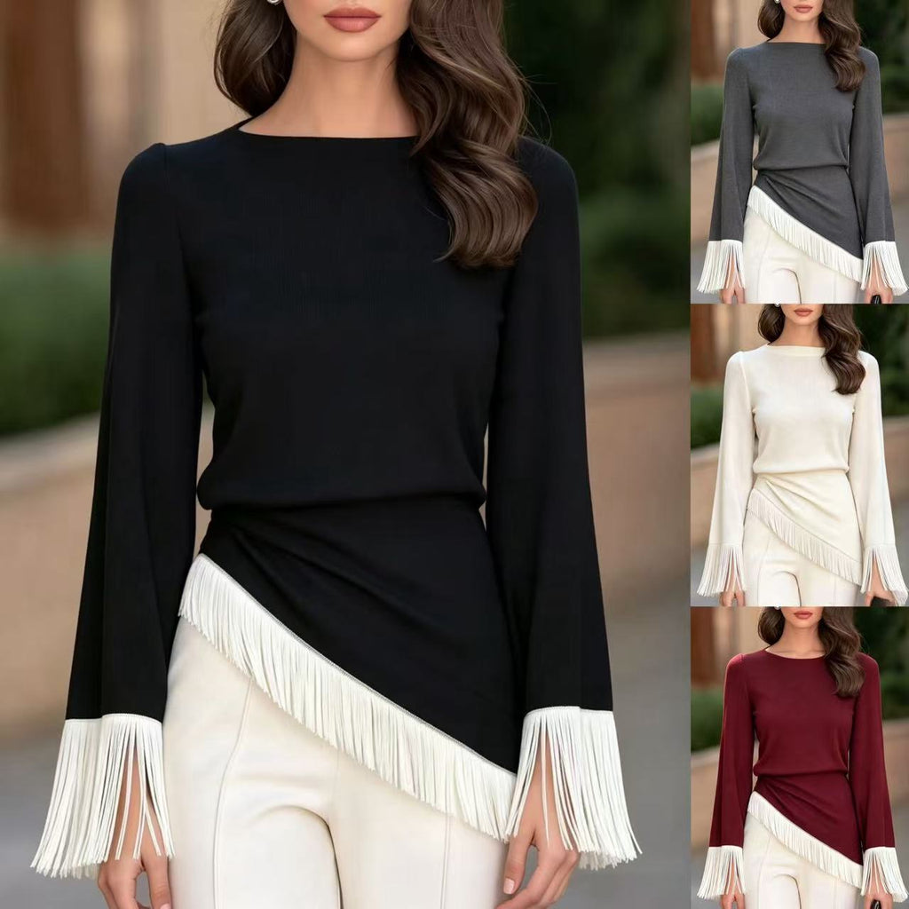 Top donna in maglia color block con maniche svasate – Moderno e femminile