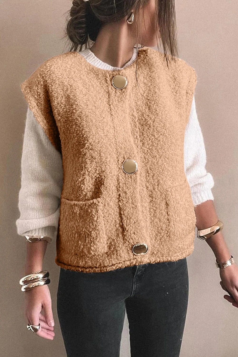 Gilet teddy beige premium da donna – Comodo gilet con bottoni
