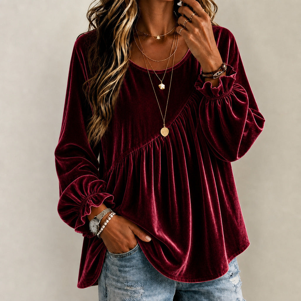 Top Donna in Velluto con Collo Rotondo e Volant – Stile Elegante Vestibilità Morbida