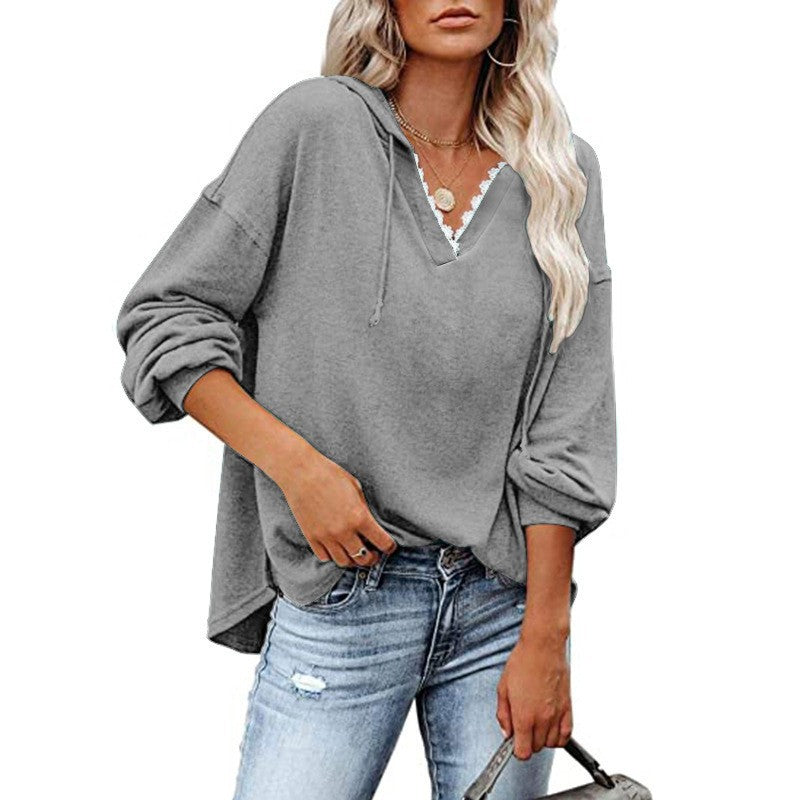 Felpa donna con cappuccio, pizzo e scollo a V a maniche lunghe