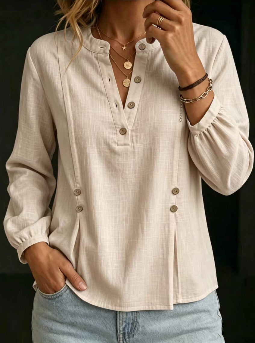 Camicia da donna in cotone e lino con collo alla mandarina – Modello casual estivo a maniche lunghe