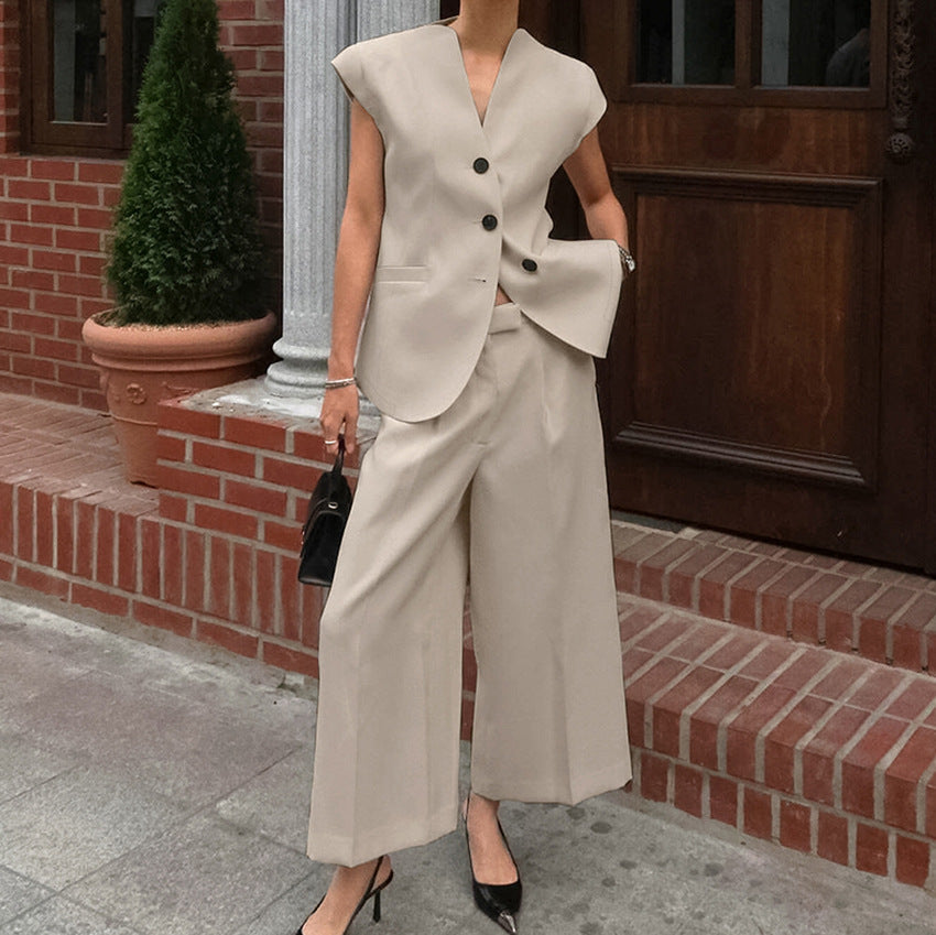 Donna Completo Elegante Formale Beige Blazer Pantaloni – Raffinato, Moderno