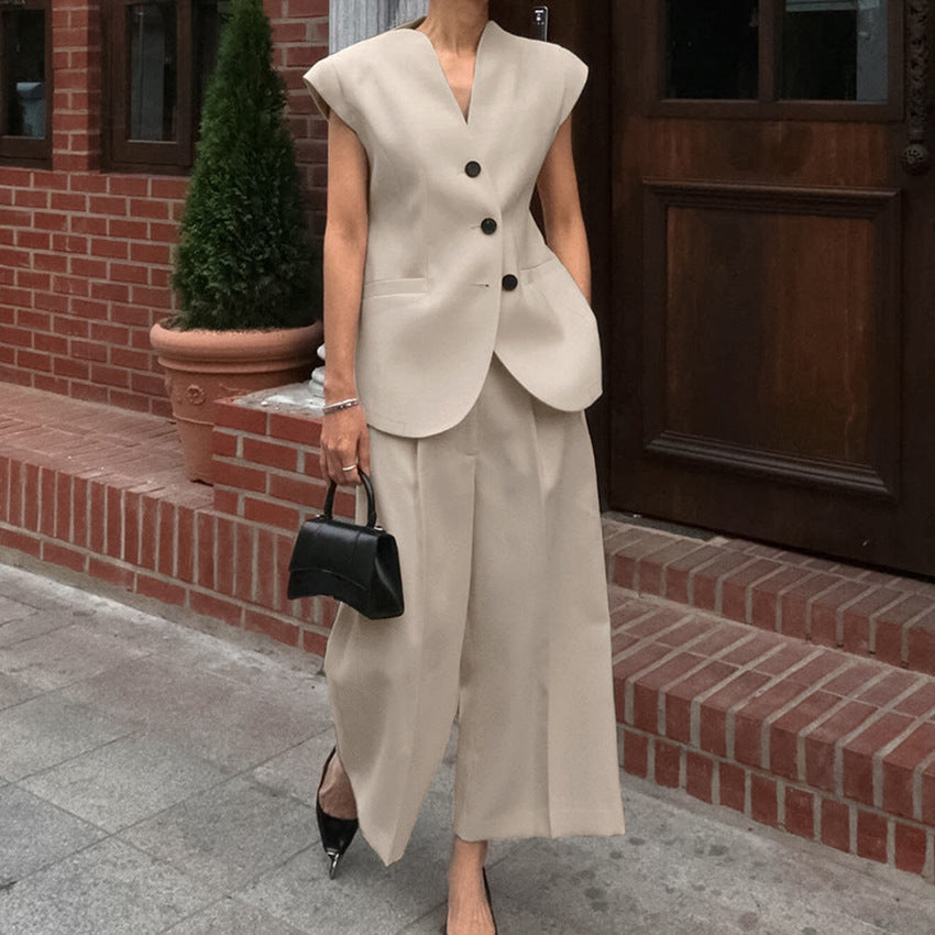 Donna Completo Elegante Formale Beige Blazer Pantaloni – Raffinato, Moderno