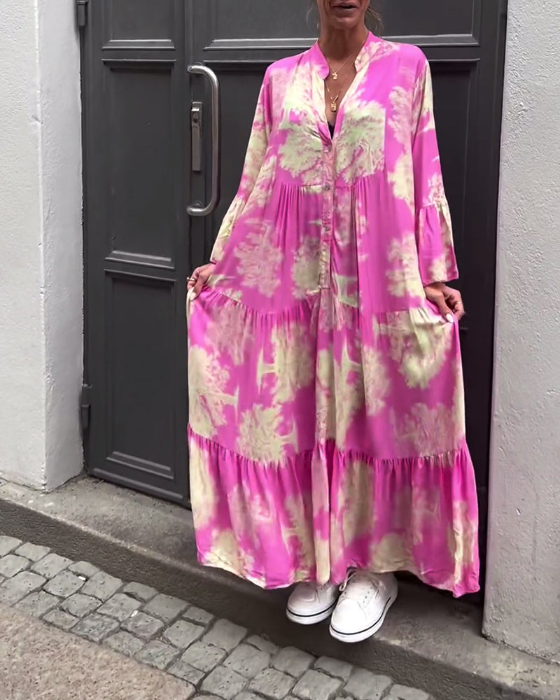 Elegante abito lungo stampato da donna – vestibilità ampia con maniche arricciate