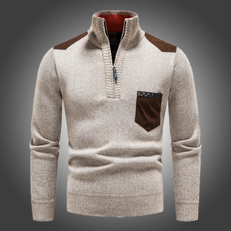 Maglione invernale da uomo con collo alto e chiusura a zip a un quarto – Maglia morbida con tasca