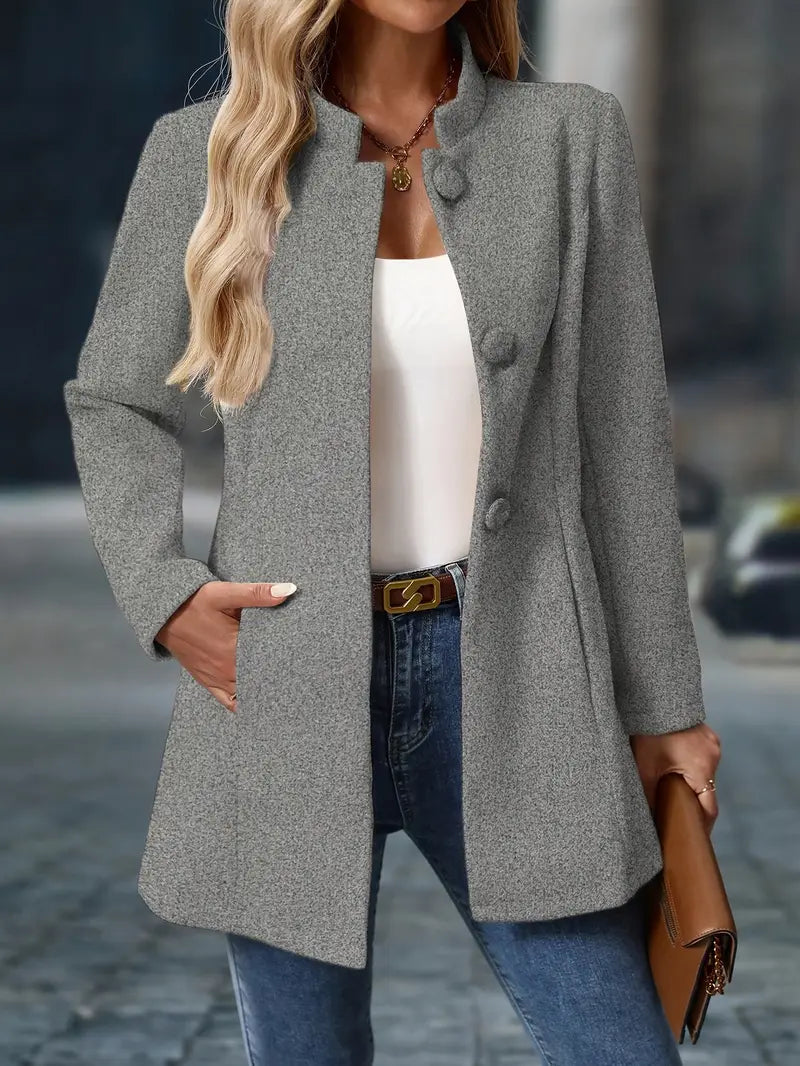 Elegante cappotto invernale di media lunghezza per donna – Cappotto con collo alto e bottoni