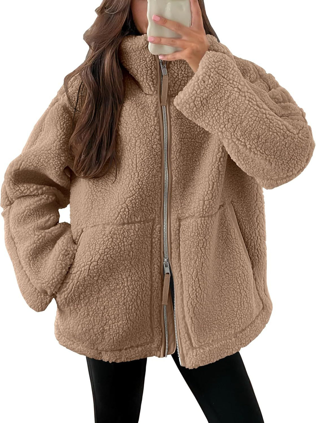 Giacca in pile da donna con colletto a punta – Capospalla casual semplice con tasche