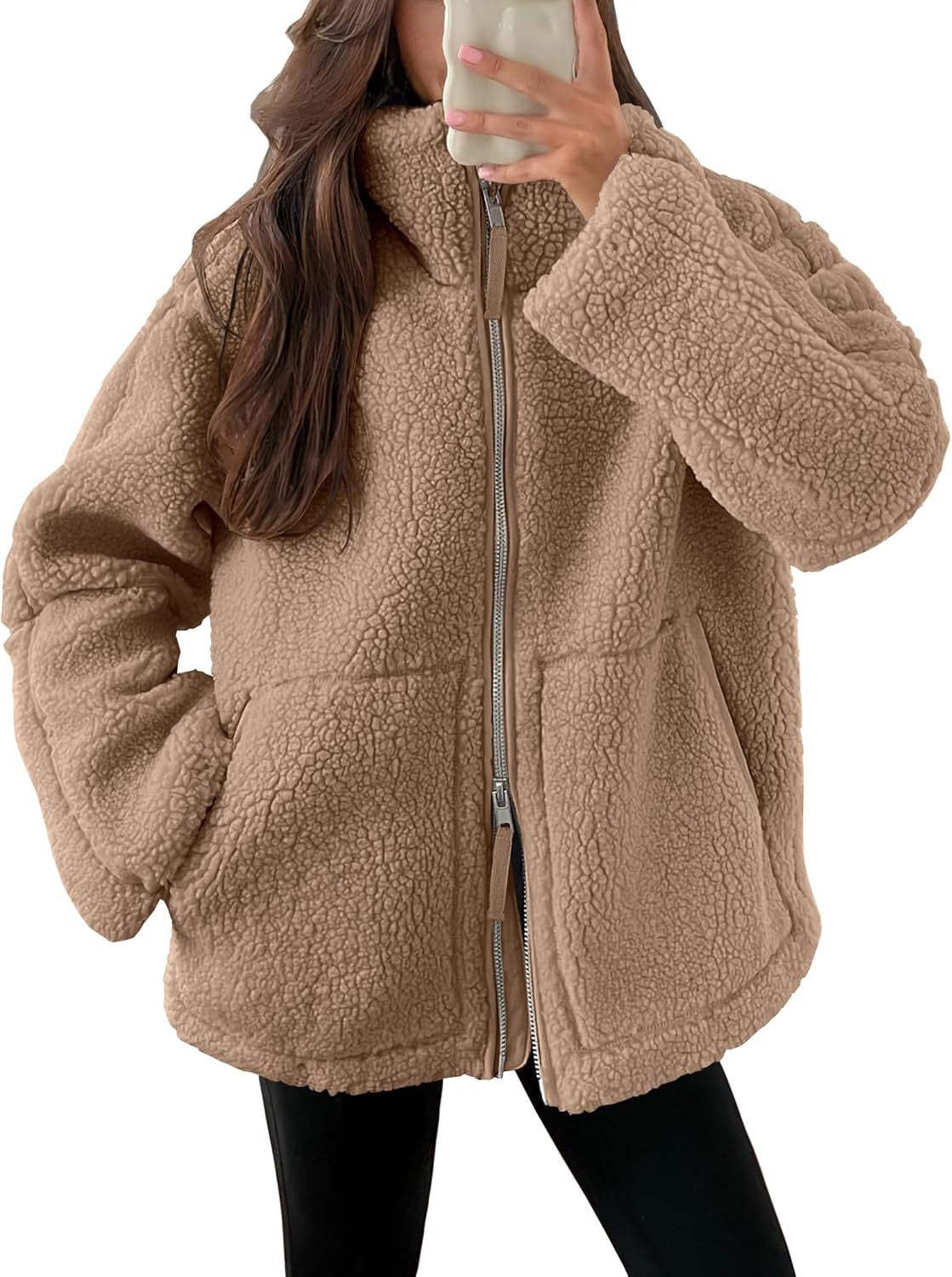 Giacca in pile da donna con colletto a punta – Capospalla casual semplice con tasche