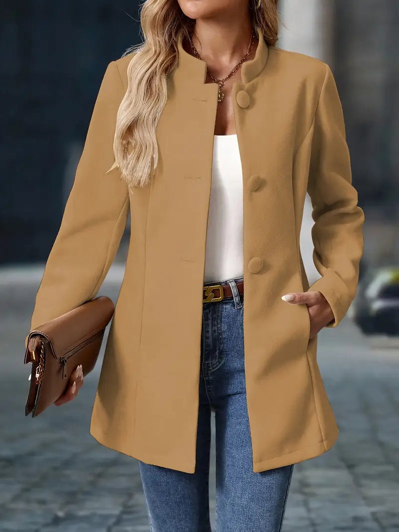 Elegante cappotto invernale di media lunghezza per donna – Cappotto con collo alto e bottoni