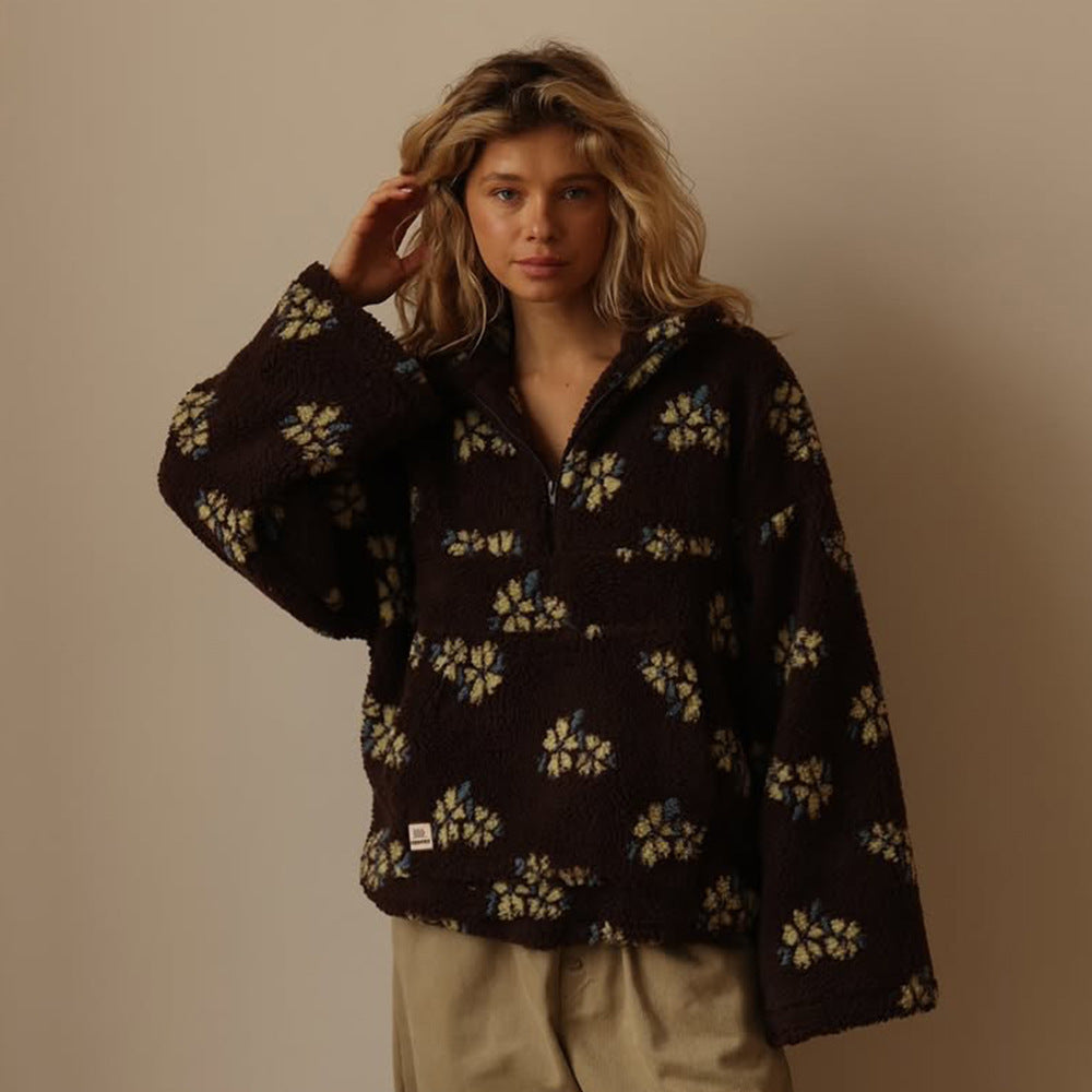 Felpa in pile da donna – Pullover casual con cerniera e tasca