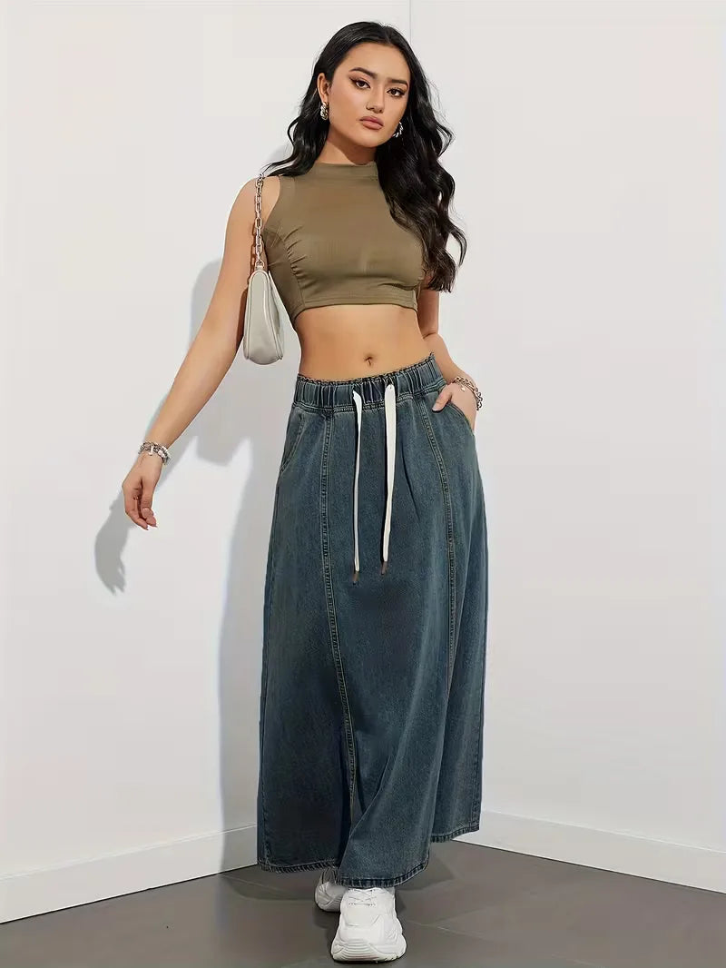 Gonna maxi in denim da donna con vita elasticizzata - Comoda e pratica