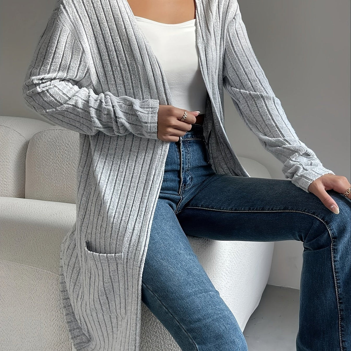 Women's open-front ribbed cardigan - Lightweight and versatile