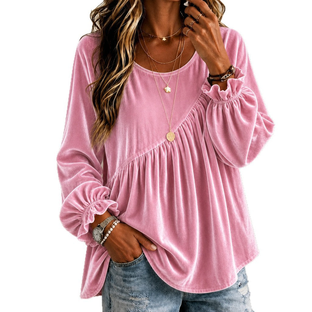 Top Donna in Velluto con Collo Rotondo e Volant – Stile Elegante Vestibilità Morbida