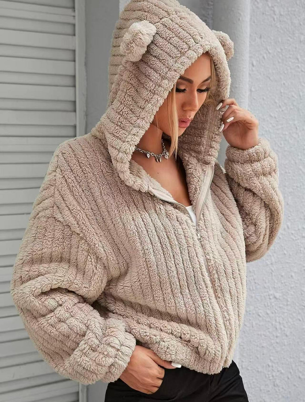 Gilet femme en peluche avec fermeture éclair et capuche - Chaud et douillet