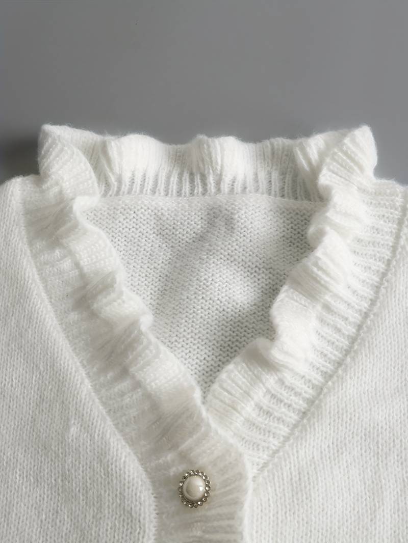 Elegante maglione bianco con scollo a V da donna – Dettagli arricciati