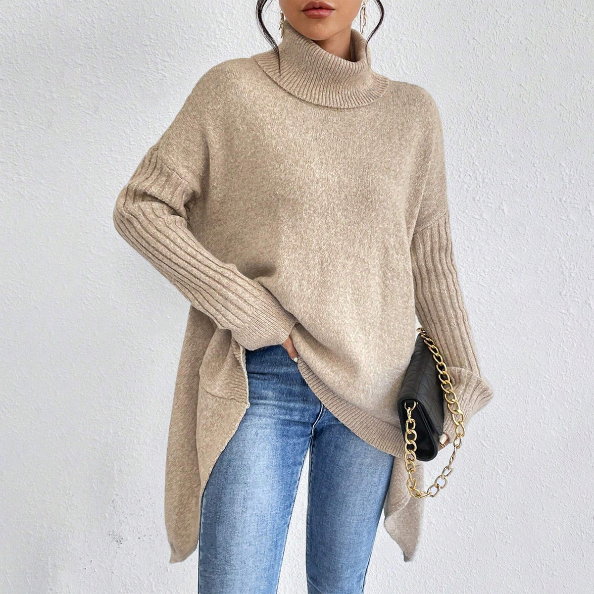 Maglione dolcevita irregolare da donna – Pullover a maniche lunghe in maglia larga
