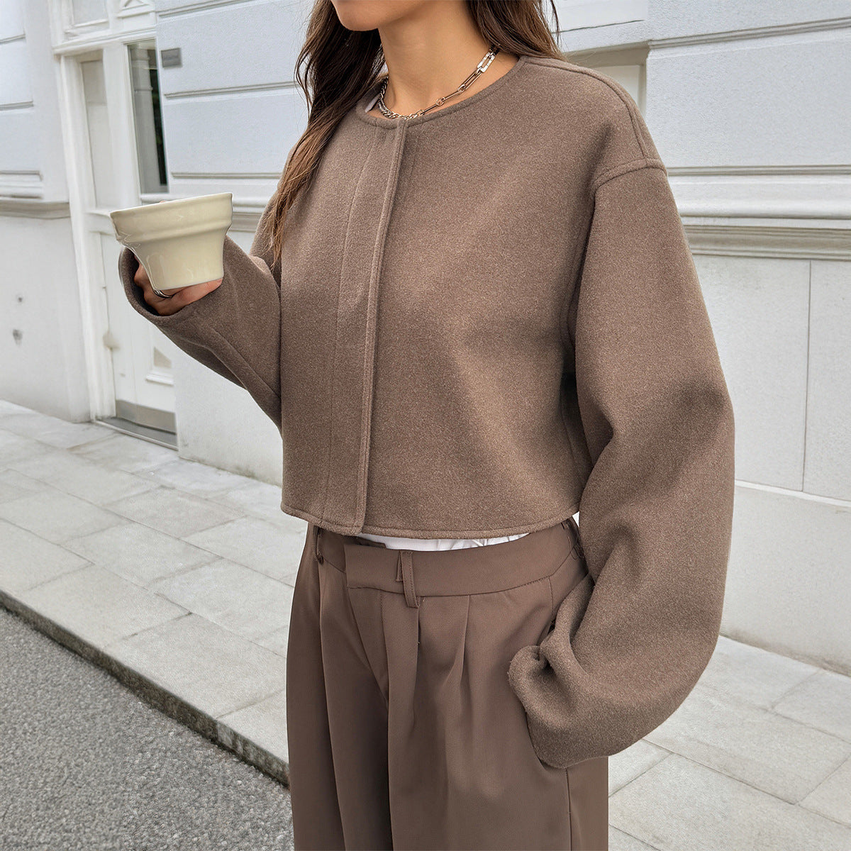 Giacca corta in misto lana premium da donna - Cappotto a maniche lunghe