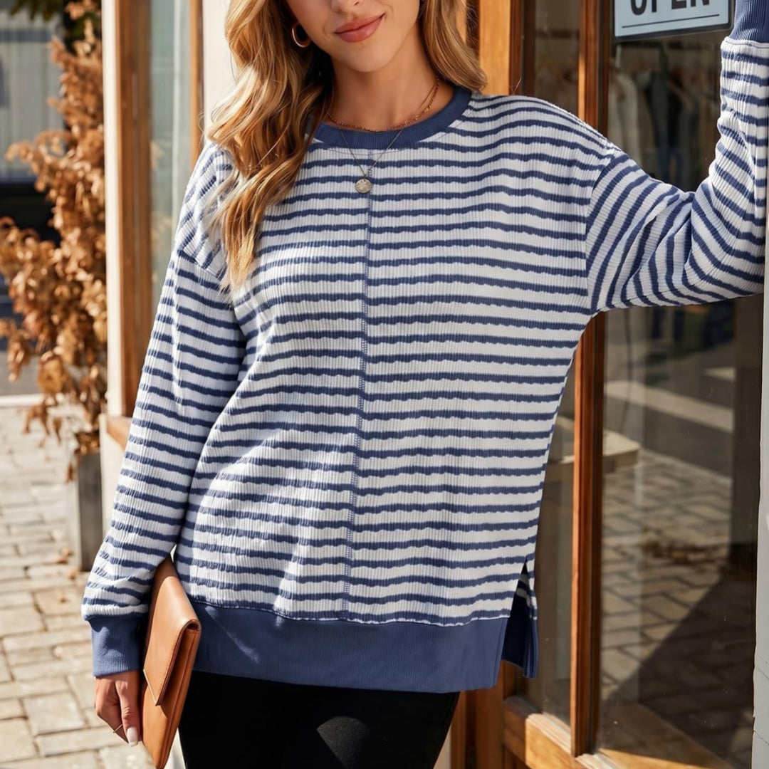 Women's striped sweater with side slits - Casual and soft