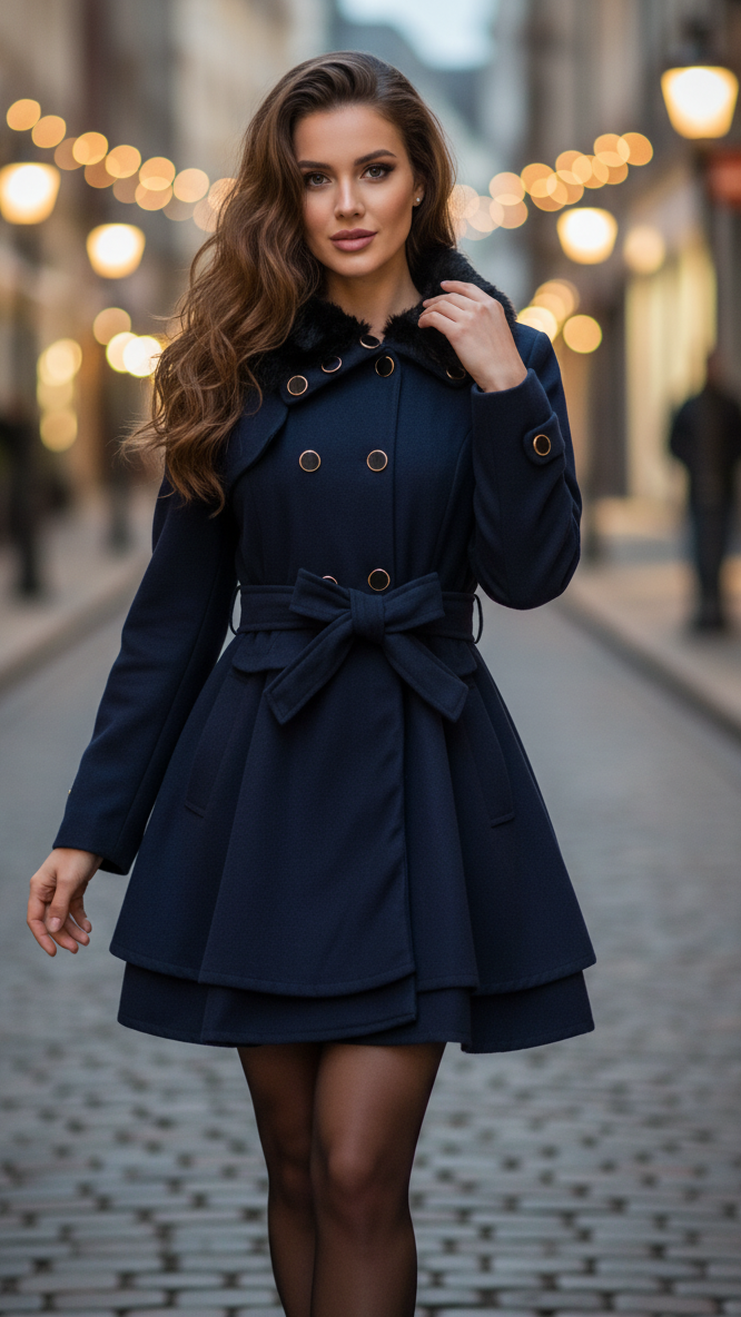 Cappotto Donna Doppiopetto con Colletto in Ecopelliccia – Stile Elegante Invernale