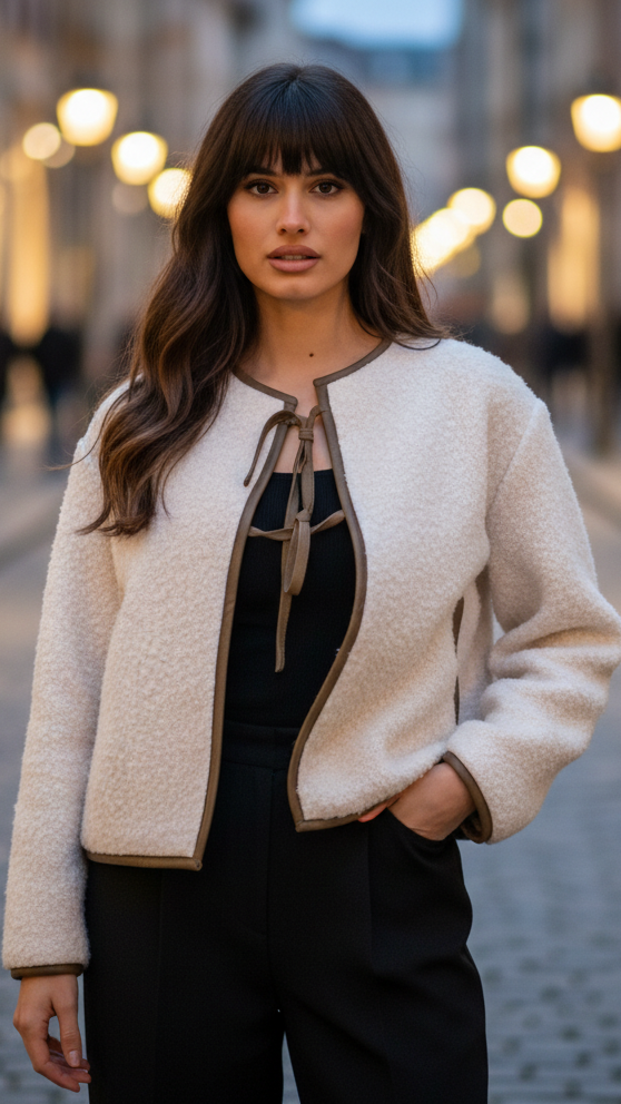 Giacca Corta Donna Testurizzata con Nodo Frontale – Stile Chic Leggero
