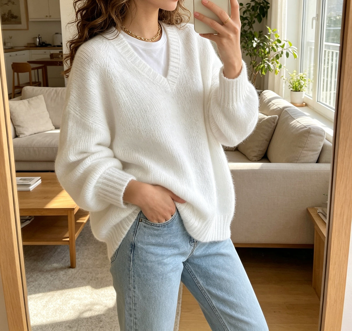 Pull femme ample à col V - Doux et décontracté