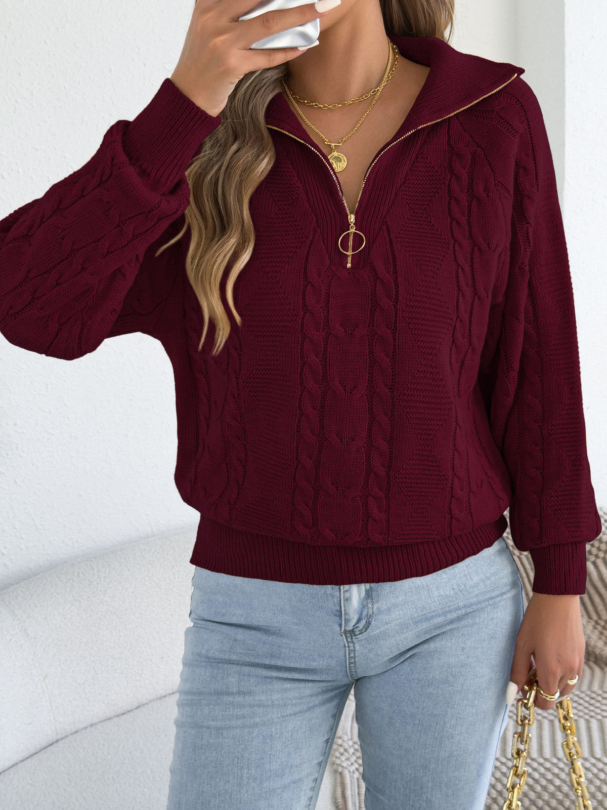 Pull femme torsadé à fermeture éclair - Chaud et pratique