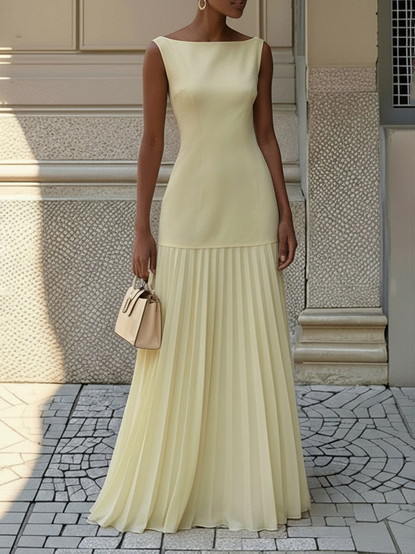 Vestito maxi plissettato da donna con scollo a barca – elegante senza maniche con spacco