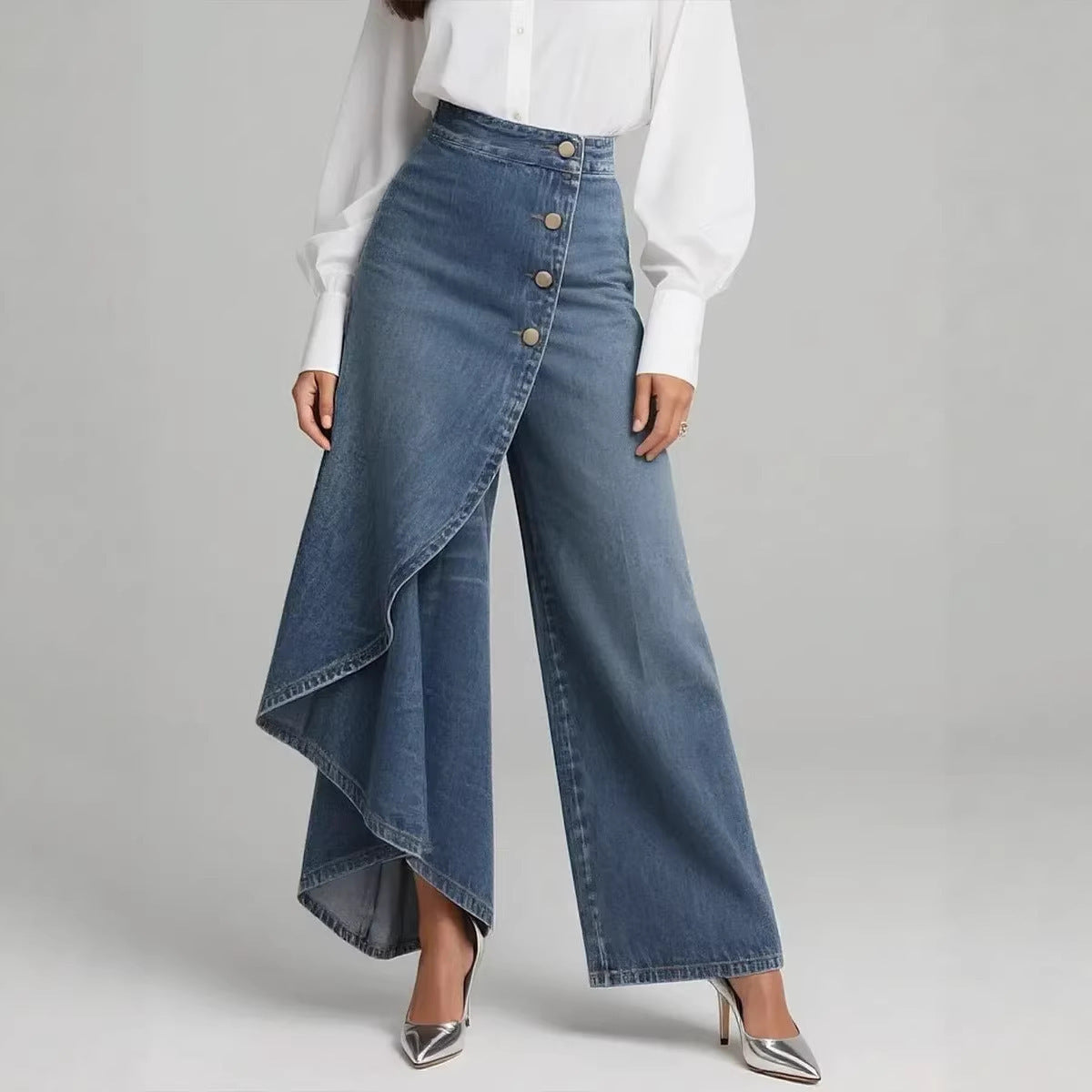 Pantaloni in finto denim a gamba dritta da donna – Pantaloni alla moda con bottoni arricciati