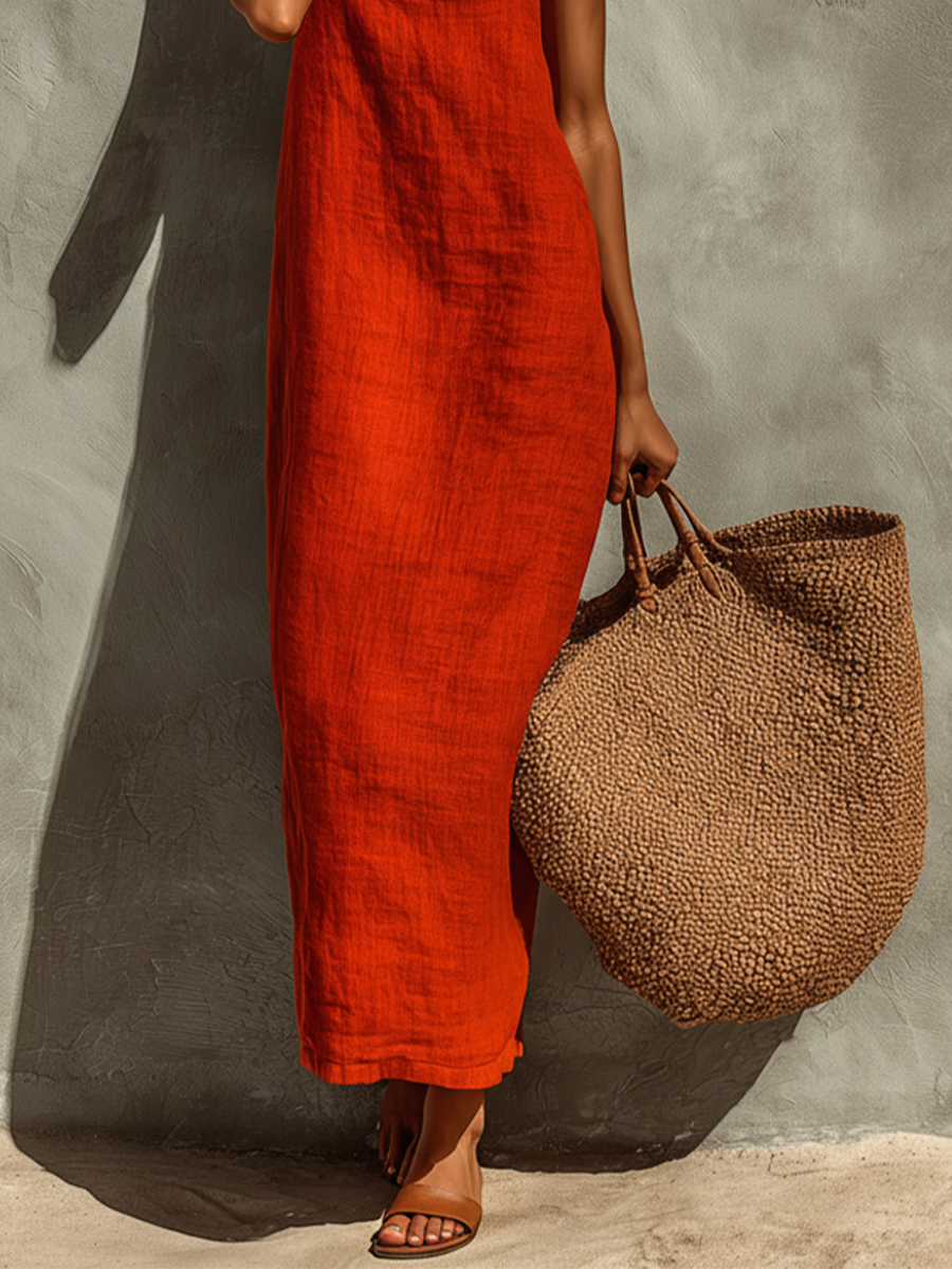 Abito in lino rosso da donna con spalline sottili - Boho e senza tempo