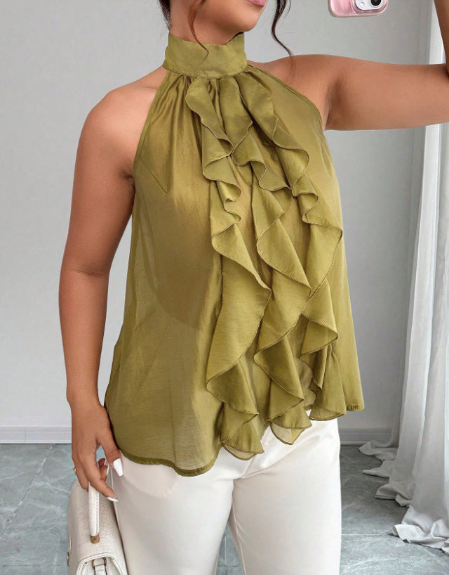 Plus-size Womens French-style Halter Top With Ruffled Hem