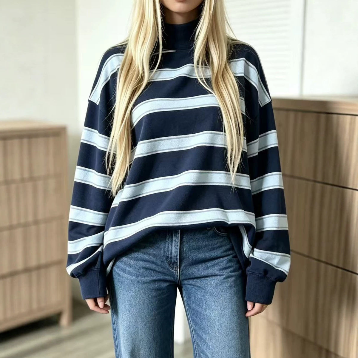 Sweat-shirt femme à rayures imprimées – Décontracté et tendance