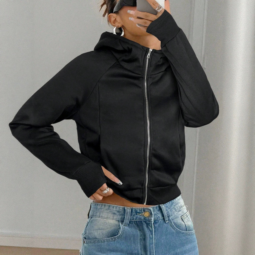 Sweat-shirt court à capuche pour femme, couleur unie – Décontracté et confortable