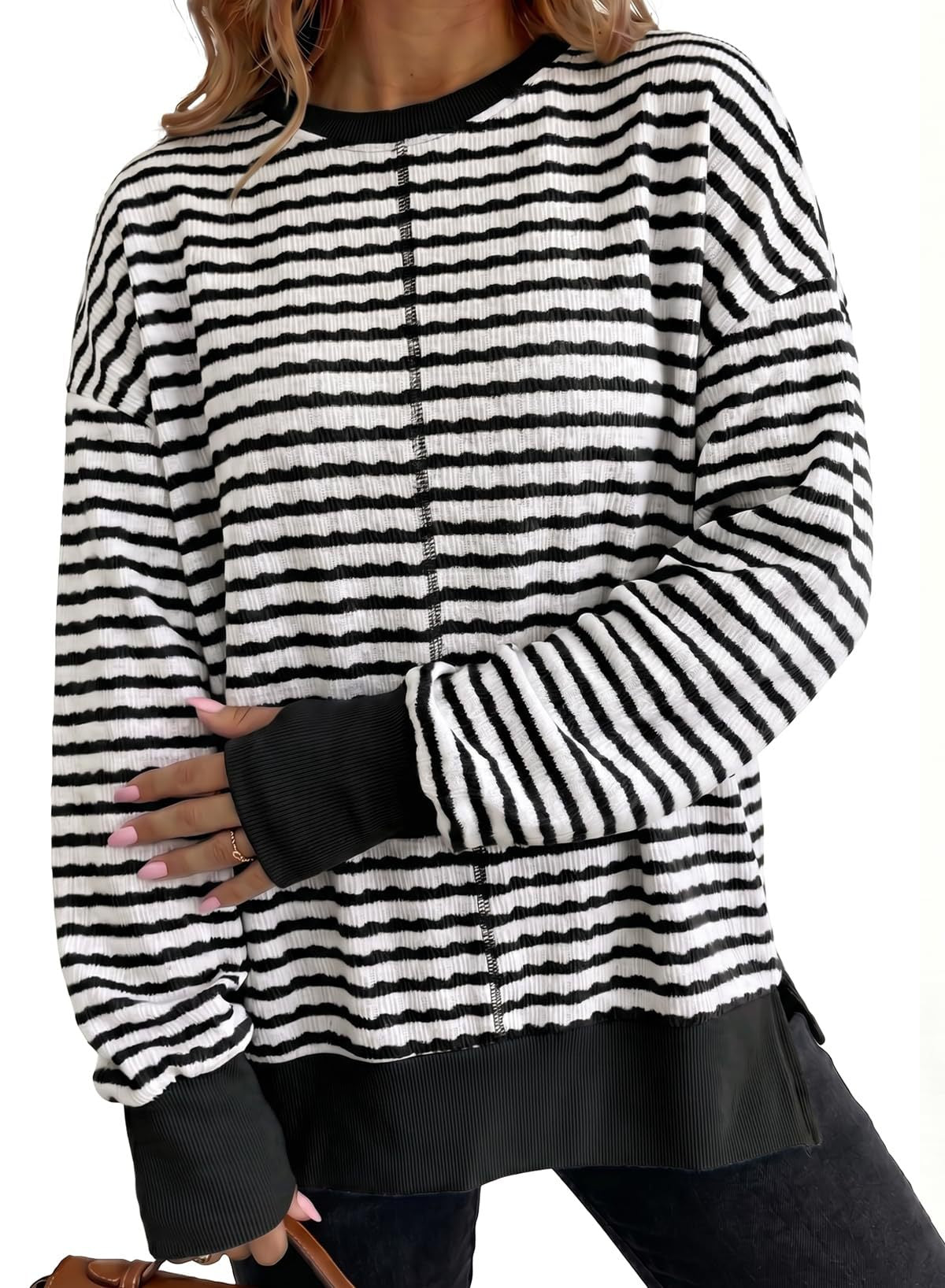 Women's striped sweater with side slits - Casual and soft