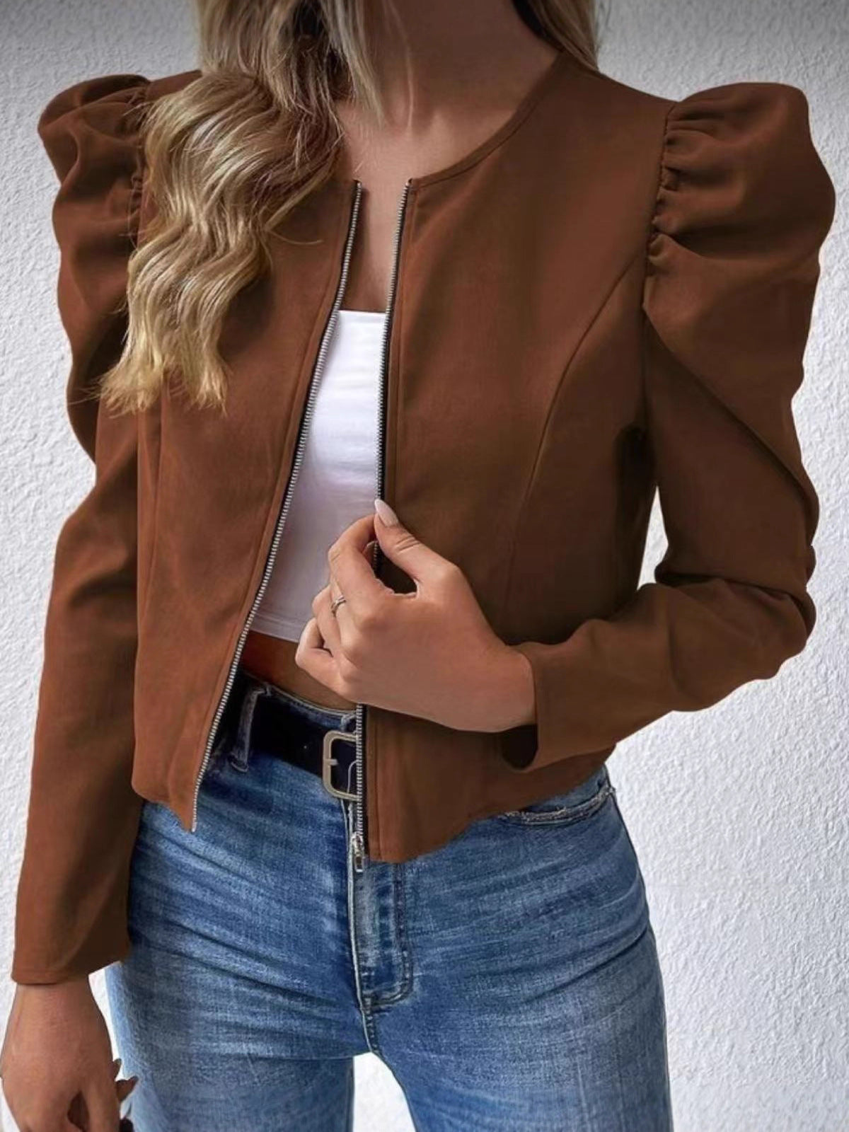 Cardigan da donna girocollo con zip e maniche a sbuffo