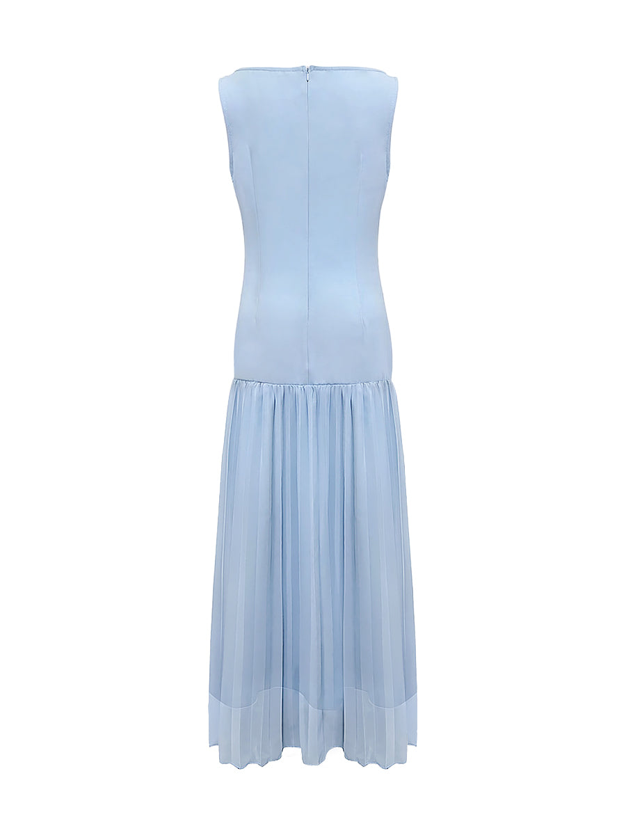 Vestito maxi plissettato da donna con scollo a barca – elegante senza maniche con spacco