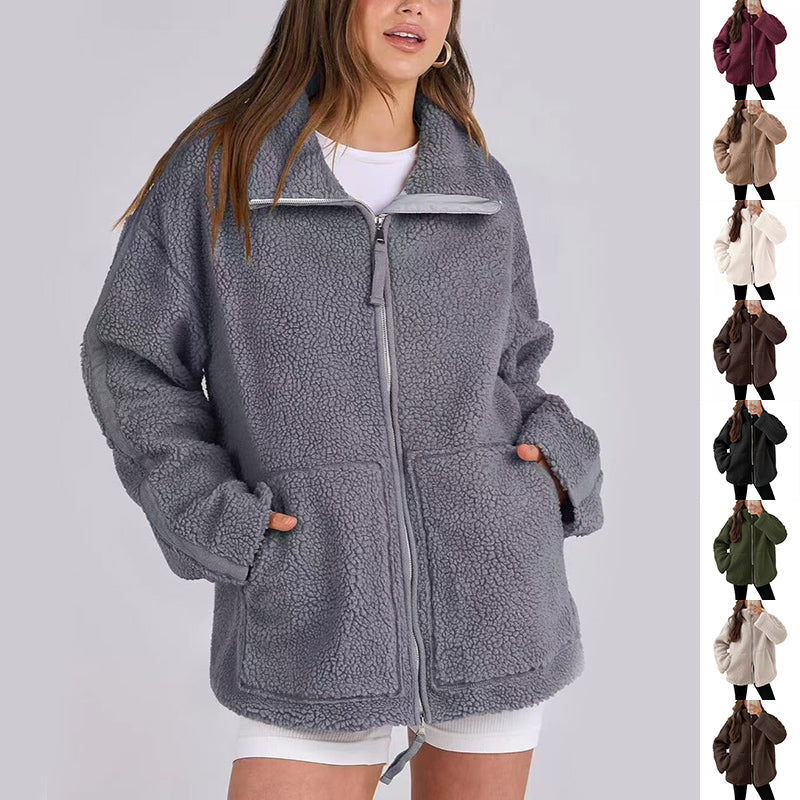Giacca in pile da donna con colletto a punta – Capospalla casual semplice con tasche