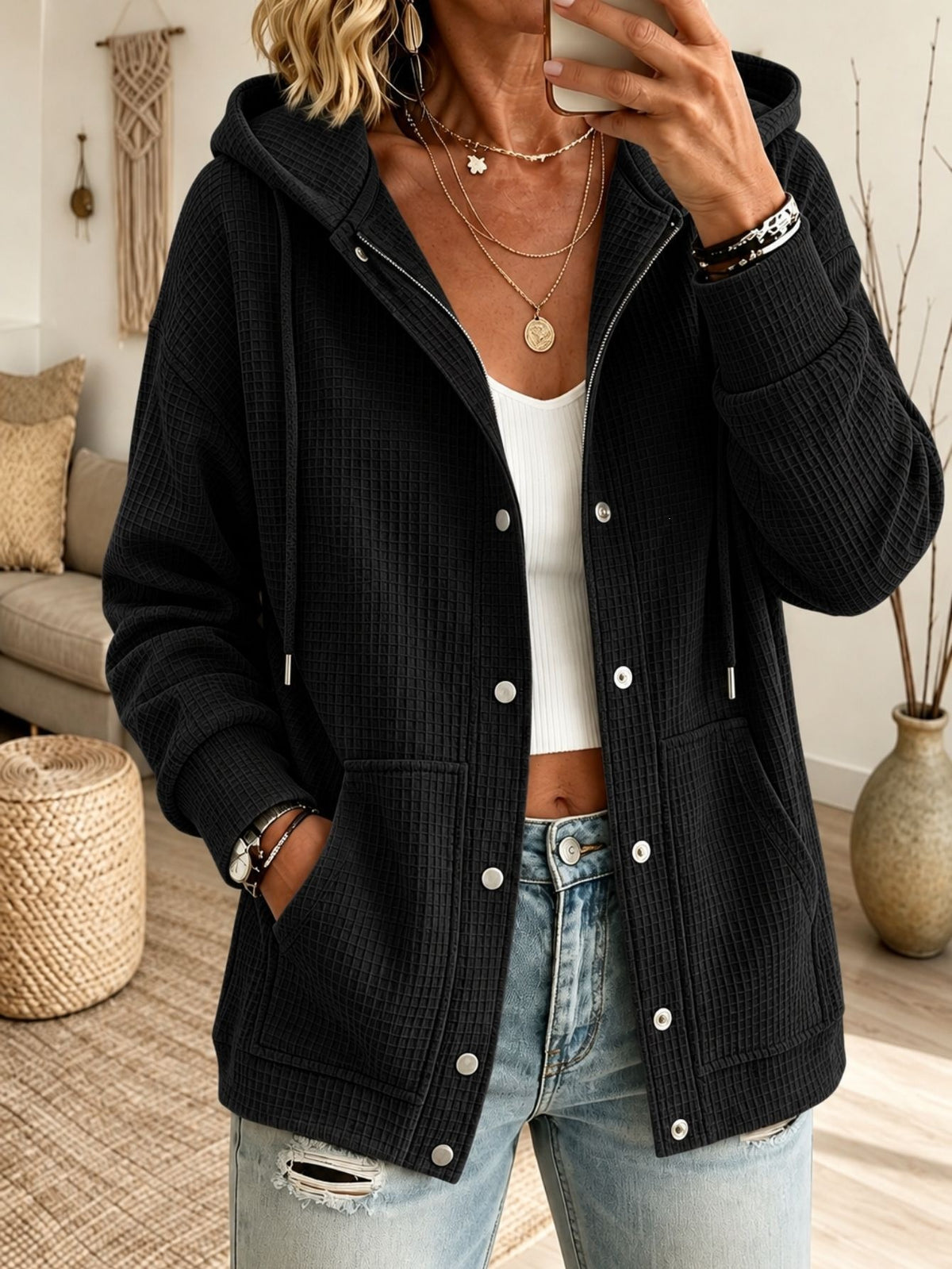 Cardigan donna con cappuccio e coulisse - Casual e confortevole